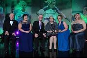 25 November 2017; Hall of Fame winner Breda Curran, from Co. Wexford, with her daughters Bríd and Caroline and husband Jimmy and Ard Stiúrthóir TG4, Alan Esslemont and President of LGFA Marie Hickey during the TG4 Ladies Football All-Star Awards at the CityWest Hotel in Saggart, Co Dublin. Photo by Brendan Moran/Sportsfile