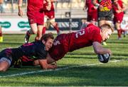 26 November 2017; Rory Scannell of Munster scores a try despite the efforts of Giulio Bisegni during the Guinness PRO14 Round 9 match between Zebre and Munster at the Stadio Lanfranchi in Parma, Italy. Photo by Roberto Bregani/Sportsfile