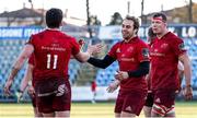 26 November 2017; Alex Wootton of Munster is congratulated by his teammates James Hart, left, and Robin Copeland of Munster after scoring a try during the Guinness PRO14 Round 9 match between Zebre and Munster at the Stadio Lanfranchi in Parma, Italy. Photo by Roberto Bregani/Sportsfile