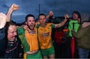 26 November 2017; Corofin's Conor Cunningham, left, and Jason Leonard  and manager Kevin O'Brien celebrate following the AIB Connacht GAA Football Senior Club Championship Final match between Corofin and Castlebar Mitchels at Tuam Stadium in Tuam, Galway. Photo by Ramsey Cardy/Sportsfile