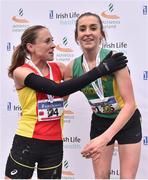 26 November 2017; Shona Heaslip of An Riocht A.C. is congratulated by second place Kerry O'Flaherty of Newcastle & District A.C. after winning the Senior Women and U23 8000m during the Irish Life Health Juvenile Even Age Cross Country Championships 2017 at the National Sports Campus in Abbotstown, Dublin. Photo by David Fitzgerald/Sportsfile