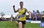26 November 2017; Craig McMeechan of North Down A.C. celebrates as he crosses the line to win the Boys U18 and Junior Men 6000m during the Irish Life Health Juvenile Even Age Cross Country Championships 2017 at the National Sports Campus in Abbotstown, Dublin. Photo by David Fitzgerald/Sportsfile