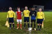25 November 2017; Match officials, from left, assistant referee Knorad Krazinski, Referee Declan Toland, assistant referee Vicki McEnery with team captains Brandon Holt of St Patrick's Athletic and Israel Kimazo of Athlone Town during the SSE Airtricity National Under 15 League Final match between Athlone Town and St Patrick's Athletic at Lisseywollen in Athlone, Co Westmeath. Photo by Stephen McCarthy/Sportsfile