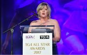 25 November 2017; President of LGFA Marie Hickey speaking during the TG4 Ladies Football All-Star Awards at the CityWest Hotel in Saggart, Co Dublin. Photo by Brendan Moran/Sportsfile