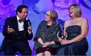 25 November 2017; Hall of Fame winner Breda Curran, from Co. Wexford, is interviewed by MC Marty Morrissey, in the company of President of LGFA Marie Hickey, right, during the TG4 Ladies Football All-Star Awards at the CityWest Hotel in Saggart, Co Dublin. Photo by Brendan Moran/Sportsfile