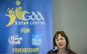 27 November 2017; Carmel Power, Principal, Killinure NS, Co Limerick, speaking during the launch of the GAA 5 Star Centres at O'Connell Boys National School and Croke Park in Dublin. Photo by Sam Barnes/Sportsfile