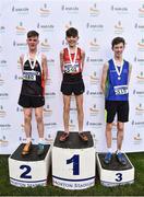 26 November 2017; Silver medalist Gearoid Lynch of Shercock A.C., left, gold medalist Oisin Duffy of City of Derry AC Spartans, centre, and bronze medalist Joseph Fogarty of Celtic DCH A.C. after the U14 boys race during the Irish Life Health Juvenile Even Age Cross Country Championships 2017 at the National Sports Campus in Abbotstown, Dublin. Photo by David Fitzgerald/Sportsfile