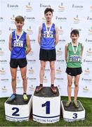 26 November 2017; Silver medalist Sean Donoghue of Celtic DCH A.C, left, gold medalist Cian McPhillips of Longford A.C., centre, and bronze medalist Adam Ferris of St Malachy's AC following the U16 Boys race in the Irish Life Health Juvenile Even Age Cross Country Championships 2017 at the National Sports Campus in Abbotstown, Dublin. Photo by David Fitzgerald/Sportsfile