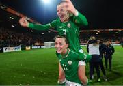 28 November 2017; Katie McCabe, 11, and Diane Caldwell of Republic of Ireland following the 2019 FIFA Women's World Cup Qualifier match between Netherlands and Republic of Ireland at Stadion de Goffert in Nijmegen, Netherlands. Photo by Stephen McCarthy/Sportsfile