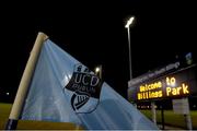 30 November 2017; A general view of the corner flag and scoreboard ahead of the Official Opening of Billings Park match between UCD and Dublin at Billings Park in UCD, Dublin. Photo by Cody Glenn/Sportsfile