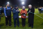 30 November 2017; Annette Billings, widow of the late David Billings, cuts the ribbon alongside, from left, Brian Mullins, Director of Sport, UCD, Dublin senior football manager Jim Gavin and GAA President Aogán Ó Fearghaíl during the Official Opening of Billings Park match between UCD and Dublin at Billings Park in UCD, Dublin. Photo by Cody Glenn/Sportsfile
