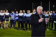 30 November 2017; President of the GAA Aogán Ó Fearghaíl speaks ahead of the Official Opening of Billings Park match between UCD and Dublin at Billings Park in UCD, Dublin. Photo by Cody Glenn/Sportsfile