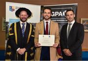 1 December 2017; Inter-county stars graduated today from the Jim Madden GPA Leadership Programme at Maynooth University. Pictured is Mayo footballer Tom Parsons, receiving his certificate from President of Maynooth University Prof. Philip Nolan, left, and GPA President David Collins, at Maynooth University, Maynooth, Co Kildare. Photo by Seb Daly/Sportsfile