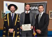1 December 2017; Inter-county stars graduated today from the Jim Madden GPA Leadership Programme at Maynooth University. Pictured is Kilkenny hurler Michael Fennelly, receiving his certificate from President of Maynooth University Prof. Philip Nolan, left, and GPA President David Collins, at Maynooth University, Maynooth, Co Kildare. Photo by Seb Daly/Sportsfile