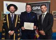 1 December 2017; Inter-county stars graduated today from the Jim Madden GPA Leadership Programme at Maynooth University. Pictured is former Tipperary hurler Darragh Egan, receiving his certificate from President of Maynooth University Prof. Philip Nolan, left, and GPA President David Collins, at Maynooth University, Maynooth, Co Kildare. Photo by Seb Daly/Sportsfile