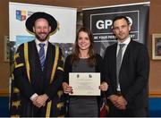 1 December 2017; Inter-county stars graduated today from the Jim Madden GPA Leadership Programme at Maynooth University. Pictured is Leitrim ladies footballer Anna Conlon, receiving her certificate from President of Maynooth University Prof. Philip Nolan, left, and GPA President David Collins, at Maynooth University, Maynooth, Co Kildare. Photo by Seb Daly/Sportsfile