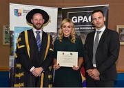 1 December 2017; Inter-county stars graduated today from the Jim Madden GPA Leadership Programme at Maynooth University. Pictured is former Kildare ladies footballer Stacey Cannon, receiving her certificate from President of Maynooth University Prof. Philip Nolan, left, and GPA President David Collins, at Maynooth University, Maynooth, Co Kildare. Photo by Seb Daly/Sportsfile