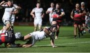1 December 2017; Christian Lealiifano of Ulster goes over to score his side's try despite the tackle from Ollie Griffiths of Dragons during the Guinness PRO14 Round 10 match between Dragons and Ulster at Rodney Parade in Newport, Wales. Photo by Chris Fairweather/Sportsfile