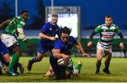 2 December 2017; James Lowe of Leinster dives over to score his side's first try during the Guinness PRO14 Round 10 match between Benetton and Leinster at the Stadio Comunale di Monigo in Treviso, Italy. Photo by Ramsey Cardy/Sportsfile