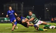 2 December 2017; James Lowe of Leinster dives over to score his side's fifth try despite the tackle of Tommaso Benvenuti of Benetton during the Guinness PRO14 Round 10 match between Benetton and Leinster at the Stadio Comunale di Monigo in Treviso, Italy. Photo by Ramsey Cardy/Sportsfile
