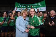 2 December 2017; Roisin Phelan of Aghada is presented with her player of the match award by LGFA President Marie Hickey after the All-Ireland Ladies Football Junior Club Championship Final match between Aghada and Corduff at Crettyard in Co Laois. Photo by Matt Browne/Sportsfile