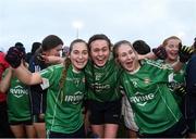 2 December 2017; Aghada players, from left, Amanda Bennett, Hannah Looney and Cassie Tynan celebrate after the All-Ireland Ladies Football Junior Club Championship Final match between Aghada and Corduff at Crettyard in Co Laois. Photo by Matt Browne/Sportsfile