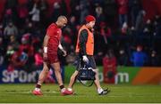 2 December 2017; Simon Zebo of Munster leaves the pitch with physiotherapist Keith Thornhill at half-time in the Guinness PRO14 Round 10 match between Munster and Ospreys at Irish Independent Park in Cork. Photo by Diarmuid Greene/Sportsfile