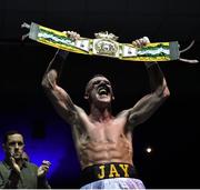 2 December 2017; Jay Byrne celebrates after defeating Gerard Whitehouse in their bout at the National Stadium in Dublin. Photo by David Fitzgerald/Sportsfile
