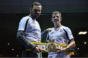 2 December 2017; Eric Donovan celebrates with boxer Andy Lee following his bout against Juan Luis Gonzalez at the National Stadium in Dublin. Photo by David Fitzgerald/Sportsfile