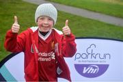 3 December 2017; Jack Mansfield, age 6, from Rolestown, celebrates finishing the run. parkrun Ireland in partnership with Vhi, expanded their range of junior events to thirteen with the introduction of the Holywell junior parkrun on Sunday, December 3rd. Junior parkruns are 2km long and cater for 4 to 14 year olds, free of charge providing a fun and safe environment for children to enjoy exercise. To register for a parkrun near you visit www.parkrun.ie. Photo by Cody Glenn/Sportsfile