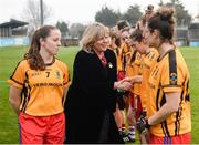 3 December 2017; LGFA President Marie Hickey meets the Dunboyne players prior to the All-Ireland Ladies Football Intermediate Club Championship Final match between Dunboyne and Kinsale at Parnell Park in Dublin. Photo by Seb Daly/Sportsfile