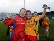 3 December 2017; Dunboyne players Alison O’Sullivan, left, and Carol Keenan celebrate following their side's victory during the All-Ireland Ladies Football Intermediate Club Championship Final match between Dunboyne and Kinsale at Parnell Park in Dublin. Photo by Seb Daly/Sportsfile