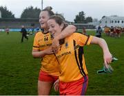 3 December 2017; Dunboyne players Vikki Wall, left, and captain Annie Moffatt celebrate following their side's victory during the All-Ireland Ladies Football Intermediate Club Championship Final match between Dunboyne and Kinsale at Parnell Park in Dublin. Photo by Seb Daly/Sportsfile