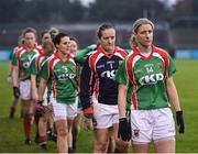 3 December 2017; Captain of Carnacon Cora Staunton leads her team during the parade prior to the All-Ireland Ladies Football Senior Club Senior Championship Final match between Carnacon and Mourneabbey at Parnell Park in Dublin. Photo by Seb Daly/Sportsfile