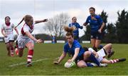 3 December 2017; Susan Vaughan of Leinster goes over to score her side's fourth try during the Women's Interprovincial Rugby match between Ulster and Leinster at Dromore RFC in Dromore, Co Antrim. Photo by David Fitzgerald/Sportsfile