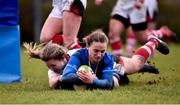 3 December 2017; Michelle Claffey goes over to score her side's third try during the Women's Interprovincial Rugby match between Ulster and Leinster at Dromore RFC in Dromore, Co Antrim. Photo by David Fitzgerald/Sportsfile