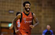 3 December 2017; Royce Williams of Pyrobel Killester celebrates victory over Griffith College Swords Thunder during the Basketball Ireland Men's Superleague match between Griffith College Swords Thunder and Pyrobel Killester at the ALSAA Complex in Dublin. Photo by Brendan Moran/Sportsfile