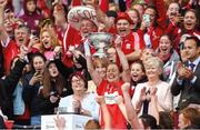 10 September 2017; Cork captain Rena Buckley lifts the The O'Duffy Cup after the Liberty Insurance All-Ireland Senior Camogie Final match between Cork and Kilkenny at Croke Park in Dublin. Photo by Matt Browne/Sportsfile    This image may be reproduced free of charge when used in conjunction with a review of the book &quot;A Season of Sundays 2017&quot;. All other usage © SPORTSFILE