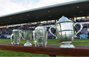 3 December 2017; Trophies won by Galway hurling teams in 2017, from left, Irish Press cup, National Hurling League cup, Liam MacCarthy Cup, and Bob O'Keeffe cup before the Galway County Senior Hurling Championship Final match between Gort and Liam Mellows at Pearse Stadium in Galway. Photo by Piaras Ó Mídheach/Sportsfile