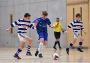 05 December 2017; Sam Norval of Good Counsel College, New Ross, Co. Wexford, in action against Daniel O'Connor of St. Joseph's College, Co. Galway, during the FAI Post Primary Schools Futsal Finals at Waterford IT Indoor Arena in Waterford.  Photo by Seb Daly/Sportsfile