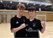 05 December 2017; Harry Flanagan, left, and Padraig Murphy of St. Francis College, Rochestown, Co. Cork, celebrate following their side's victory over Good Counsel College, New Ross, Co. Wexford, during the FAI Post Primary Schools Futsal Finals at Waterford IT Indoor Arena in Waterford.  Photo by Seb Daly/Sportsfile