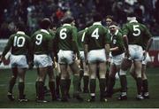 1 February 1986; Ireland captain Ciaran Fitzgerald huddles with team-mates. Ireland v France. Parc des Princes. Ireland 9 France 29. Photo by SPORTSFILE