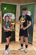 05 December 2017; Katie Collins Byrne of St. Leo's College, Co. Carlow and Harry Nevin of St. Francis College, Rochestown, Co. Cork, with their Player of the Tournament trophies following the FAI Post Primary Schools Futsal Finals at Waterford IT Indoor Arena in Waterford.  Photo by Seb Daly/Sportsfile