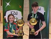 05 December 2017; Katie Collins Byrne of St. Leo's College, Co. Carlow and Harry Nevin of St. Francis College, Rochestown, Co. Cork, with their Player of the Tournament trophies following the FAI Post Primary Schools Futsal Finals at Waterford IT Indoor Arena in Waterford.  Photo by Seb Daly/Sportsfile