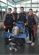 6 December 2017; Galway hurlers, from left, David Burke, Conor Cooney, Gearoid McInerney and Colm Callanan, with the Liam MacCarthy cup, at Dublin Airport prior to departure for the PwC All Star Tour 2017 in Singapore. Photo by Seb Daly/Sportsfile