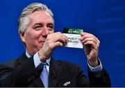 6 December 2017; Chairman of the UEFA Youth and Amateur Football Committee John Delaney draws out the name of Republic of Ireland during the UEFA European U19 Championship 2018/19 Qualifying Round draw at the UEFA Headquarters, The House of European Football in Nyon, Switzerland. Photo by Sportsfile
