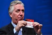 6 December 2017; Chairman of the UEFA Youth and Amateur Football Committee John Delaney draws out the name of Republic of Ireland during the UEFA European U17 Championship 2018/19 Qualifying Round draw at the UEFA Headquarters, The House of European Football in Nyon, Switzerland. Photo by Sportsfile