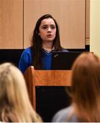 6 December 2017; Gort Community School pupil, Caoimhe Cahill, aged 16, speaking during the Future Leaders Transition Year Programme Launch at Croke Park in Dublin. Photo by David Fitzgerald/Sportsfile