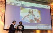 6 December 2017; U20 Athlete of the Year, Gina Akpe-Moses, in conversation with MC Greg Allen after accepting her award during the Irish Life Health National Athletics Awards 2017 at Crowne Plaza in Santry, Dublin. Photo by Piaras Ó Mídheach/Sportsfile
