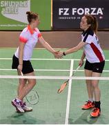 7 December 2017; Moya Ryan and Kate Frost of Ireland celebrate a point against Evie Burbridge and Elizabeth McMorrow during their Badminton Irish Open Female Doubles quarter-final match at the National Indoor Arena in Abbotstown, Dublin. Photo by David Fitzgerald/Sportsfile